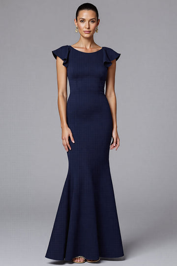 Navy Mermaid Scoop Neck Long Formal Dress with Ruffles